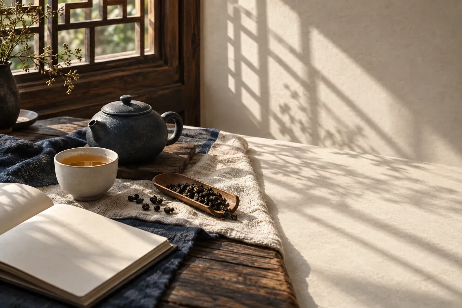 窗邊日光下的台灣茶茶席